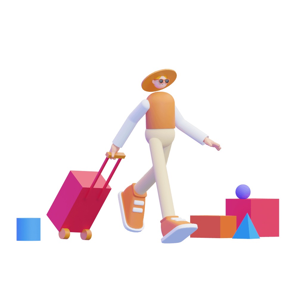 3d girl walking with spinner luggage