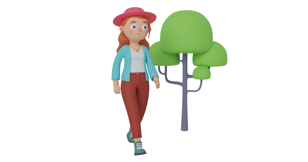 3d character design of a girl walking