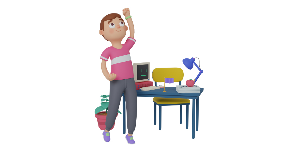 3d character design of a man doing a cheering gesture